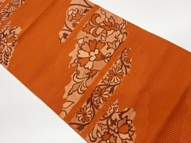 JAPANESE KIMONO / NAGOYA OBI / SILK / WOVEN ABSTRACT STRIPE & FLORAL ARABESQUE